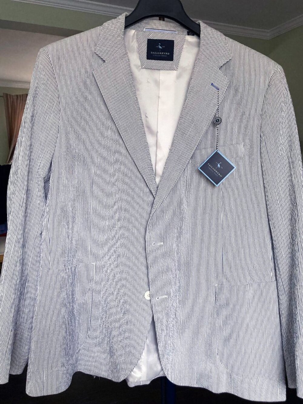 Tailorbyrd Mens Summer Sport Coat Blazer, White / Navy Blue Stripes, Size 48L